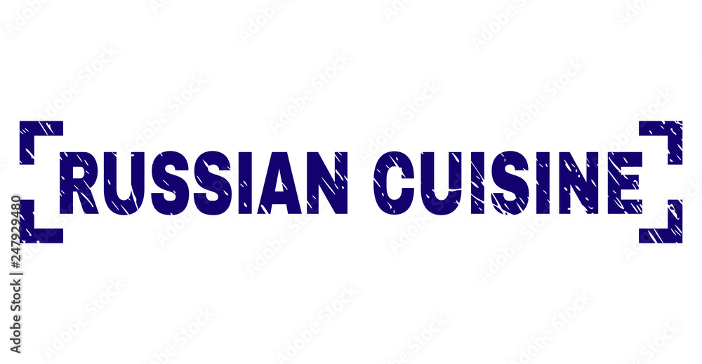 RUSSIAN CUISINE tag seal watermark with corroded style. Text tag is placed between corners. Blue vector rubber print of RUSSIAN CUISINE with retro texture.
