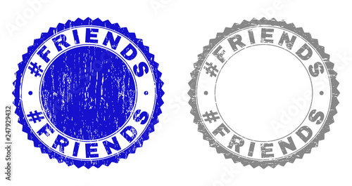 Grunge #FRIENDS stamp seals isolated on a white background. Rosette seals with grunge texture in blue and grey colors. Vector rubber stamp imprint of #FRIENDS caption inside round rosette.