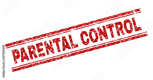 PARENTAL CONTROL seal print with corroded effect. Red vector rubber print of PARENTAL CONTROL caption with corroded texture. Text label is placed between double parallel lines.