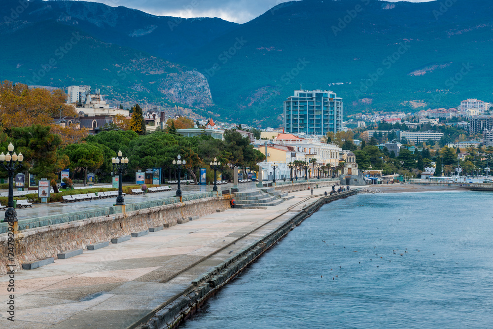 View of the city of Yalta and the embankment, the peninsula of Crimea, Russia