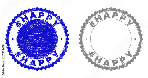Grunge #HAPPY stamp seals isolated on a white background. Rosette seals with grunge texture in blue and gray colors. Vector rubber stamp imitation of #HAPPY title inside round rosette.