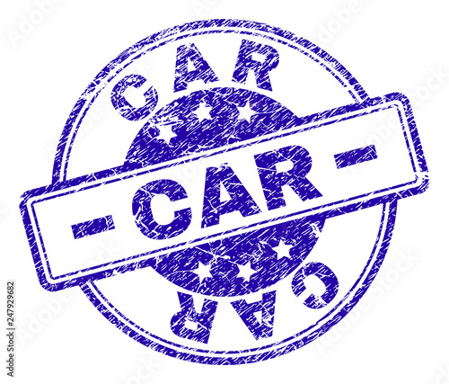 CAR stamp seal imprint with grunge texture. Designed with rounded rectangles and circles. Blue vector rubber print of CAR text with grunge texture.