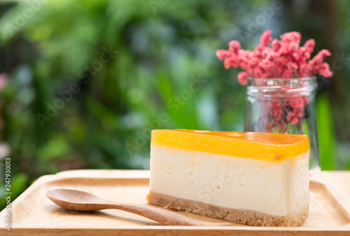 Passion fruit cheesecake serve on wood tay and wooden table with dried flower vase green nature background photo