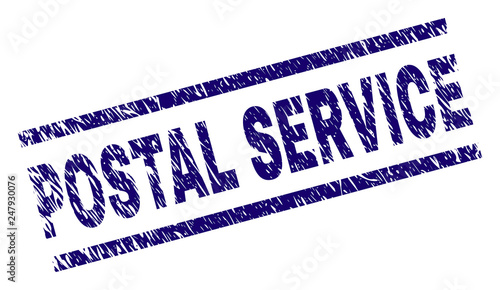 POSTAL SERVICE seal print with distress style. Blue vector rubber print of POSTAL SERVICE text with corroded texture. Text tag is placed between parallel lines.