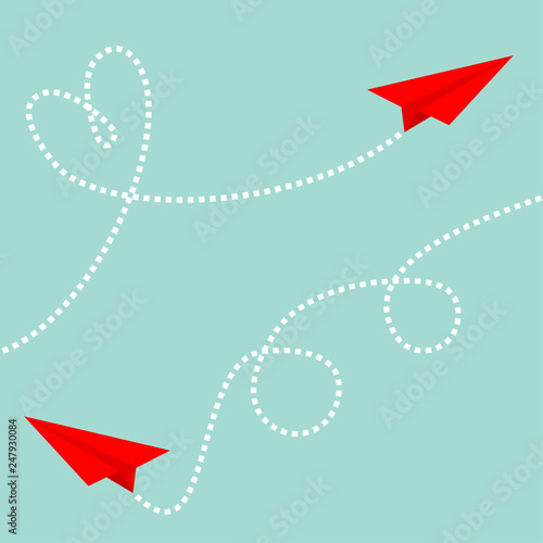Two red flying origami paper plane set. Dashed line Heart loop. Happy Valentines day. Love greeting card template. Blue sky background. Isolated. Flat design