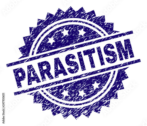 PARASITISM stamp seal watermark with distress style. Blue vector rubber print of PARASITISM tag with retro texture.