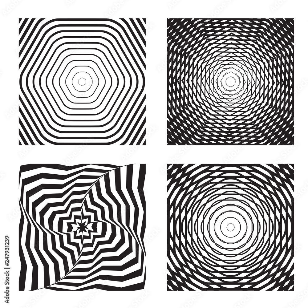 Hypnotic background vector set. Abstract movement effect illustration. 