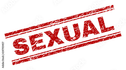 SEXUAL seal watermark with grunge texture. Red vector rubber print of SEXUAL tag with unclean texture. Text tag is placed between double parallel lines.