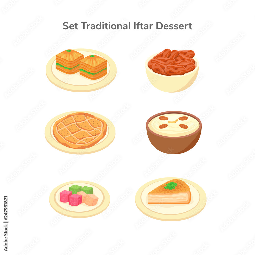 Set Isolated Middle Eastern Traditional Dessert for Iftar Illustration Set Isolated Middle Eastern Traditional Dessert for Iftar Illustration