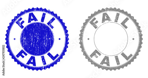 Grunge FAIL stamp seals isolated on a white background. Rosette seals with grunge texture in blue and gray colors. Vector rubber stamp imprint of FAIL tag inside round rosette.