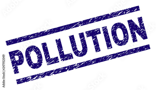 POLLUTION seal print with distress style. Blue vector rubber print of POLLUTION text with scratched texture. Text tag is placed between parallel lines.