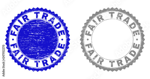 Grunge FAIR TRADE watermarks isolated on a white background. Rosette seals with grunge texture in blue and gray colors. Vector rubber stamp imprint of FAIR TRADE label inside round rosette.