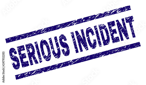 SERIOUS INCIDENT seal print with distress style. Blue vector rubber print of SERIOUS INCIDENT text with dirty texture. Text caption is placed between parallel lines.