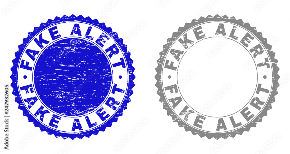 Grunge FAKE ALERT stamp seals isolated on a white background. Rosette seals with distress texture in blue and grey colors. Vector rubber stamp imprint of FAKE ALERT title inside round rosette. Grunge FAKE ALERT stamp seals isolated on a white background. Rosette seals with distress texture in blue and grey colors. Vector rubber stamp imprint of FAKE ALERT title inside round rosette.