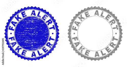 Grunge FAKE ALERT stamp seals isolated on a white background. Rosette seals with distress texture in blue and grey colors. Vector rubber stamp imprint of FAKE ALERT title inside round rosette.