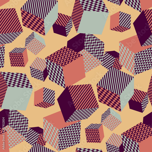 Vintage 70s vibes geometric seamless pattern with flying cubes.
