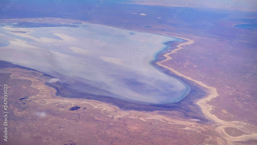 Fototapeta premium Aerial Panorama view to saline Barsa Kelmes lake and Ustyurt plateau at Karakalpakstan, Uzbekistan