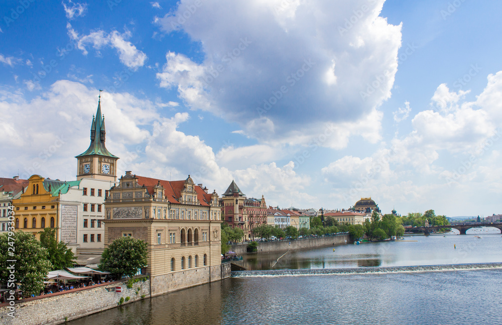 Naklejka premium View from Charles Bridge in Prague. Bedrich Smetana Museum. Architecture of Prague old town