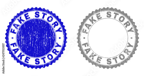 Grunge FAKE STORY stamp seals isolated on a white background. Rosette seals with grunge texture in blue and gray colors. Vector rubber overlay of FAKE STORY label inside round rosette.