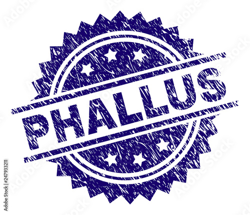 PHALLUS stamp seal watermark with distress style. Blue vector rubber print of PHALLUS caption with grunge texture.