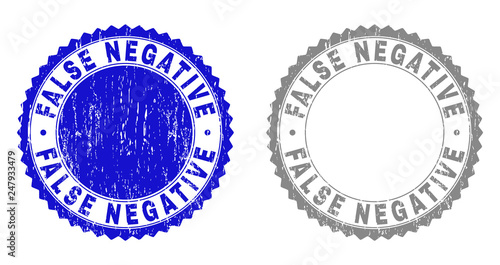 Grunge FALSE NEGATIVE stamp seals isolated on a white background. Rosette seals with grunge texture in blue and gray colors. Vector rubber stamp imprint of FALSE NEGATIVE label inside round rosette.