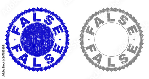 Grunge FALSE stamp seals isolated on a white background. Rosette seals with grunge texture in blue and grey colors. Vector rubber stamp imprint of FALSE title inside round rosette.