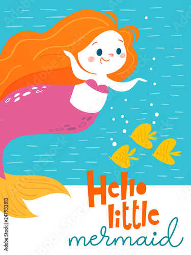 Vector cartoon summer poster with cute little mermaid