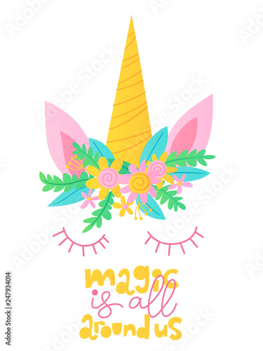Cute vector poster with cartoon unicorn and lettering