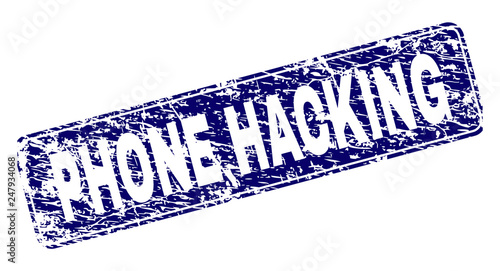 PHONE HACKING stamp seal print with distress style. Seal shape is a rounded rectangle with frame. Blue vector rubber print of PHONE HACKING caption with unclean style.