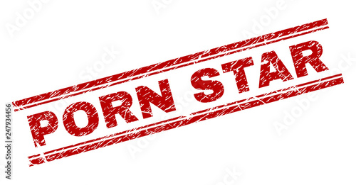 PORN STAR seal stamp with distress texture. Red vector rubber print of PORN STAR text with grunge texture. Text tag is placed between double parallel lines.