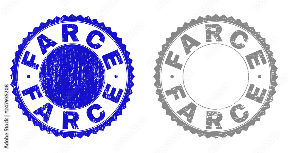 Grunge FARCE stamp seals isolated on a white background. Rosette seals with grunge texture in blue and grey colors. Vector rubber overlay of FARCE text inside round rosette. Grunge FARCE stamp seals isolated on a white background. Rosette seals with grunge texture in blue and grey colors. Vector rubber overlay of FARCE text inside round rosette.