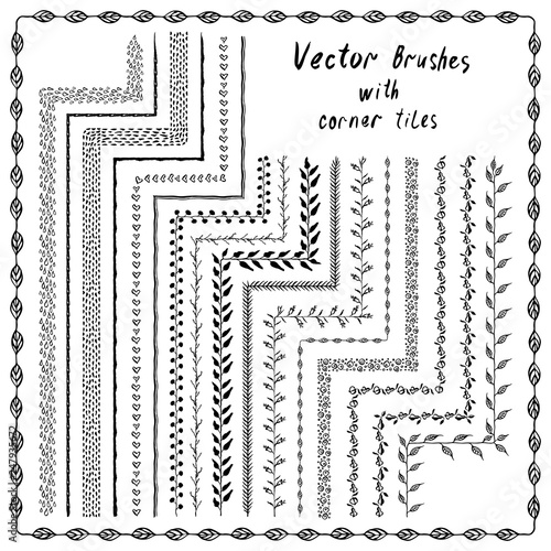 Set of decorative vector pattern brushes with inner and outer corner tiles. Hand drawn ink illustration.