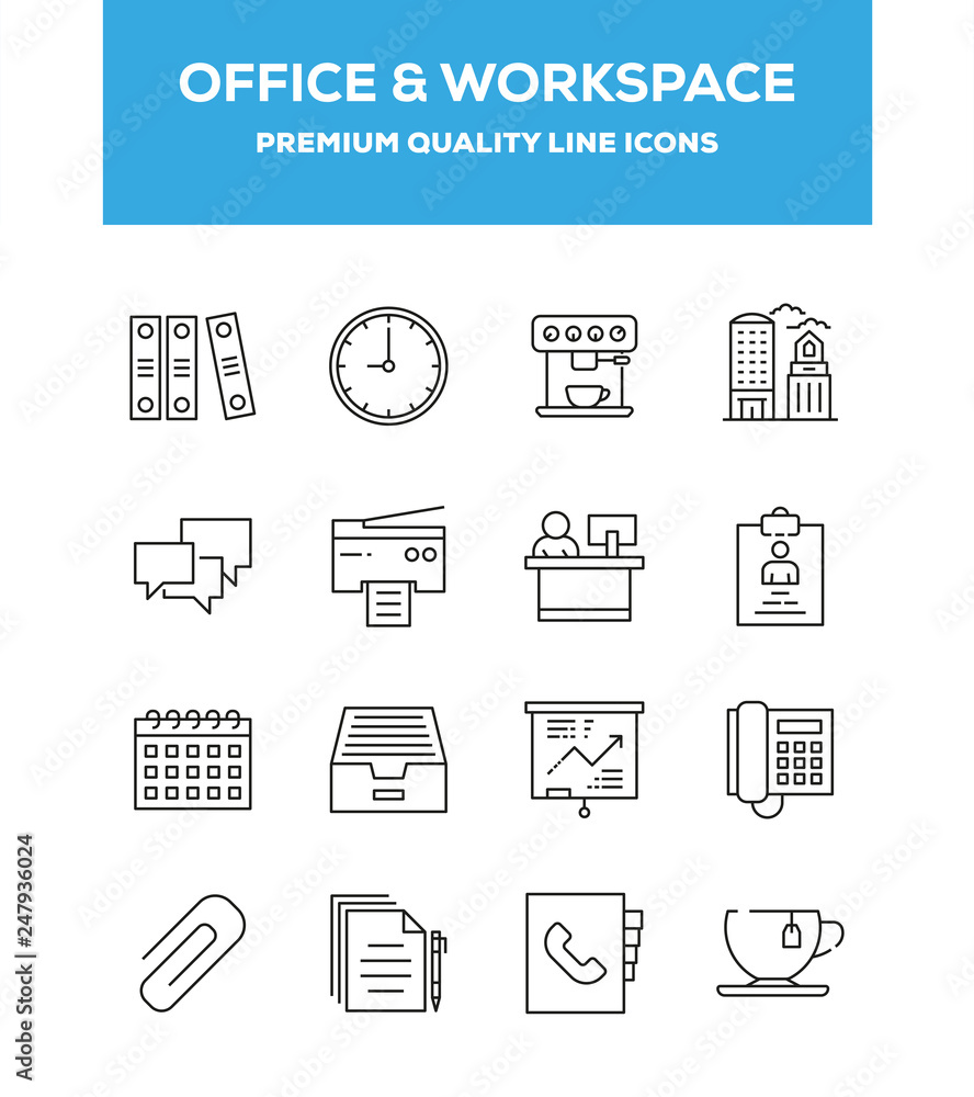 Office And Workspace Line Icon Set Concept Office And Workspace Line Icon Set Concept