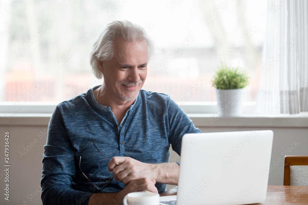 Satisfied older man looking at computer screen sitting at home Satisfied older man looking at computer screen sitting at home