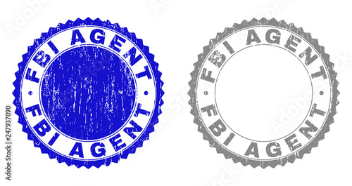 Grunge FBI AGENT stamp seals isolated on a white background. Rosette seals with grunge texture in blue and grey colors. Vector rubber watermark of FBI AGENT tag inside round rosette.