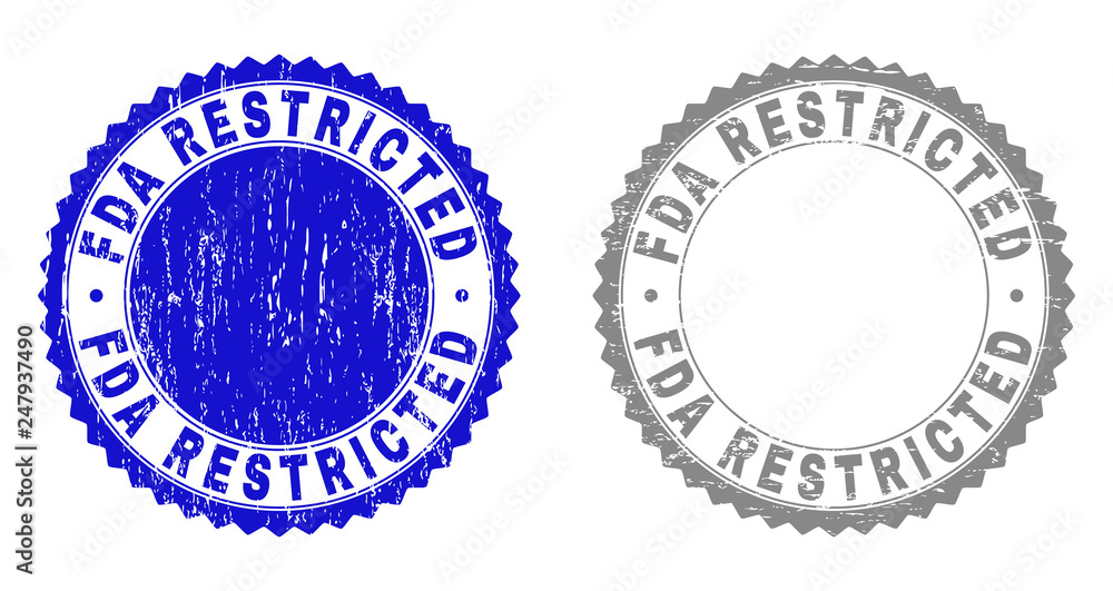 Grunge FDA RESTRICTED stamp seals isolated on a white background. Rosette seals with distress texture in blue and grey colors.