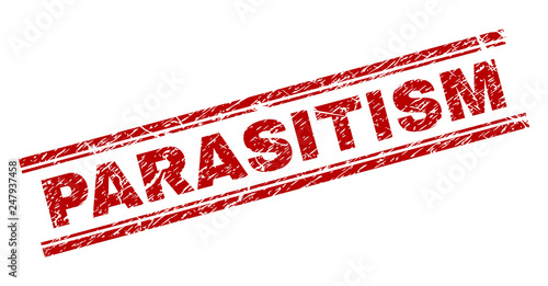 PARASITISM seal print with distress texture. Red vector rubber print of PARASITISM tag with scratched texture. Text tag is placed between double parallel lines.