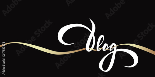 Vlog - hand lettering on black background with gold ribbon. Handwritten inscription for label, emblem, page,t-shirt,poster, sale,blogger aso. Vector Illustration.