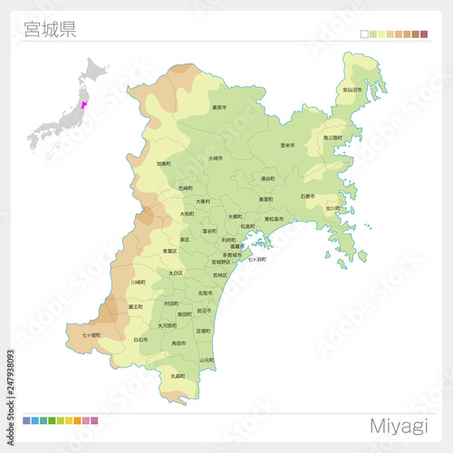宮城県の地図（等高線・色分け・市町村・区分け）