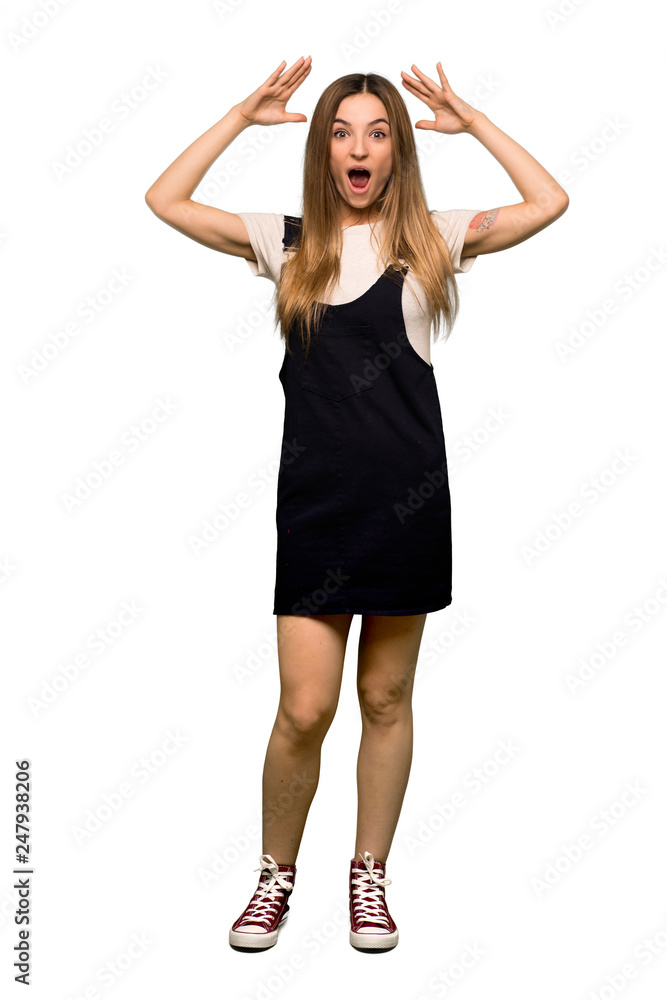 Full body Young pretty woman with surprise and shocked facial expression on isolated background Full body Young pretty woman with surprise and shocked facial expression on isolated background