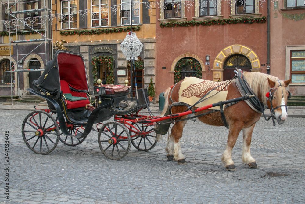 Fototapeta premium stara bryczka karoca z koniem na starym rynku 