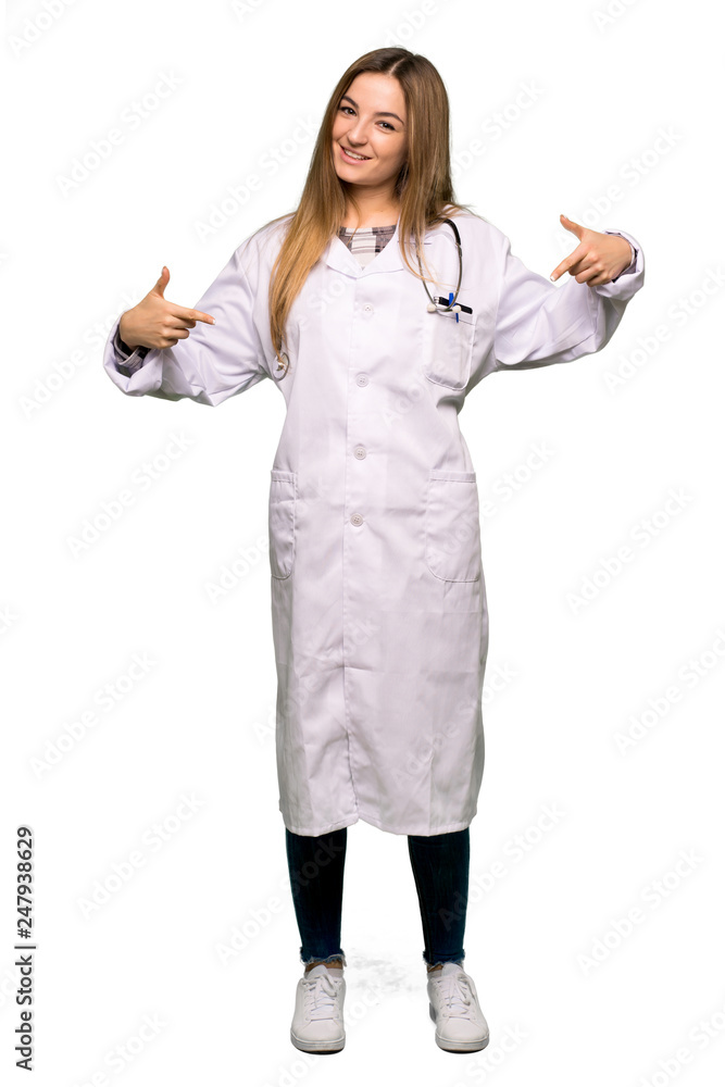 Full body Young doctor woman proud and self-satisfied in love yourself concept on isolated background Full body Young doctor woman proud and self-satisfied in love yourself concept on isolated background