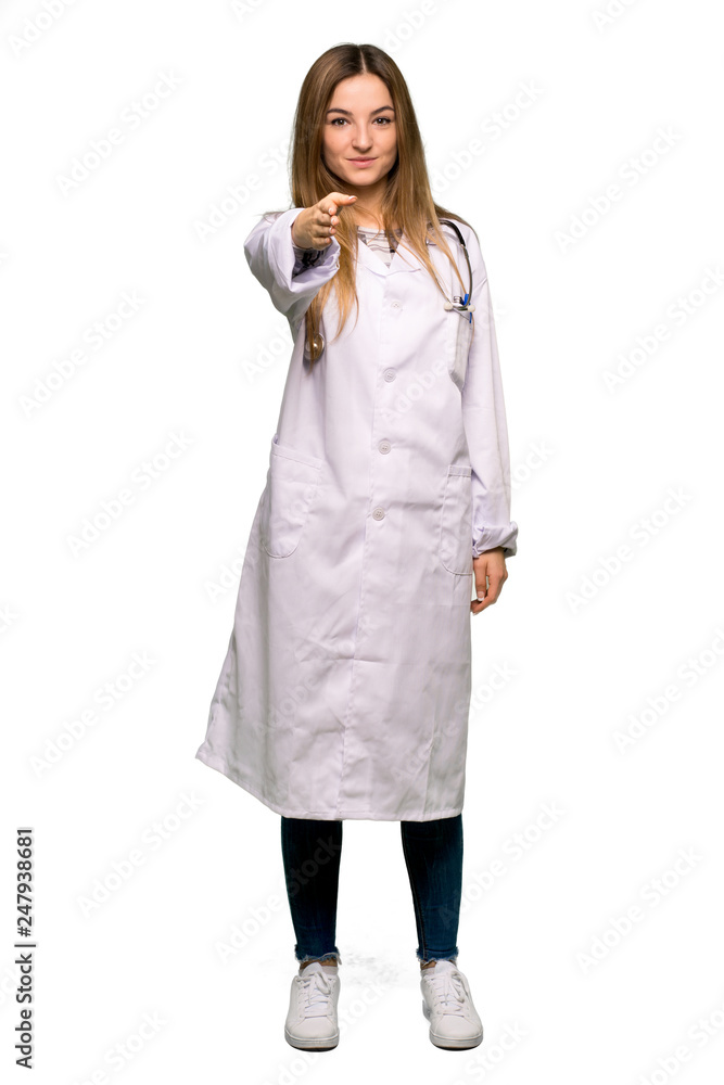 Full body Young doctor woman shaking hands for closing a good deal on isolated background Full body Young doctor woman shaking hands for closing a good deal on isolated background