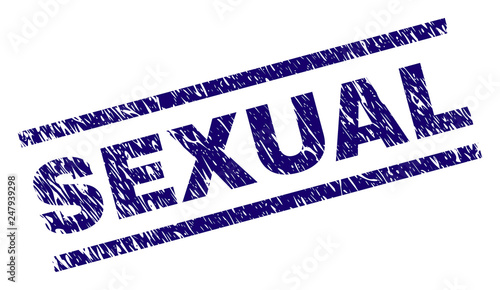 SEXUAL seal print with distress style. Blue vector rubber print of SEXUAL text with scratched texture. Text tag is placed between parallel lines.