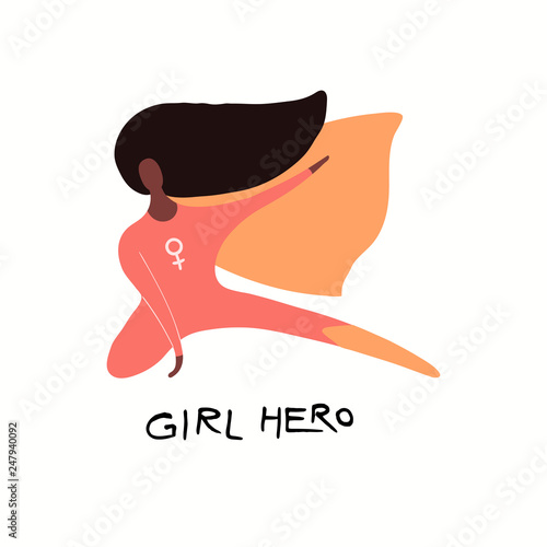 Hand drawn vector illustration of a happy black woman superhero, with quote Girl hero. Isolated objects on white background. Flat style design. Concept for feminism, womens day card, poster, banner.
