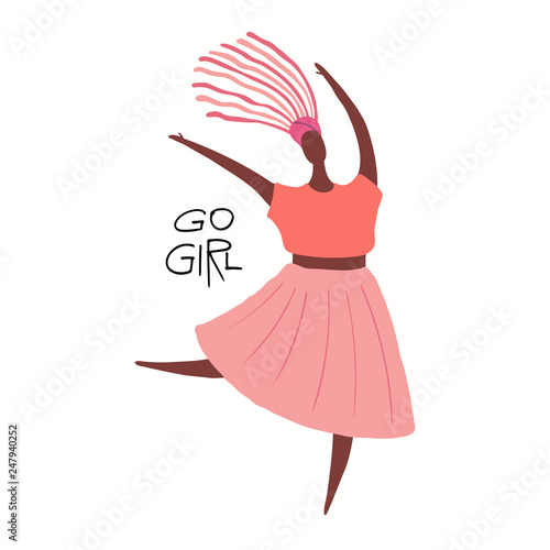 Hand drawn vector illustration of a happy black woman dancing, with quote Go girl. Isolated objects on white background. Flat style design. Concept, element feminism, womens day card, poster, banner.