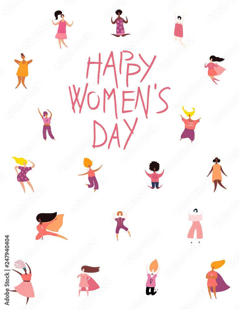 Happy womens day card, poster, banner, with quote and diverse women. Isolated objects on white background. Hand drawn vector illustration. Flat style design. Concept, element for feminism, girl power.