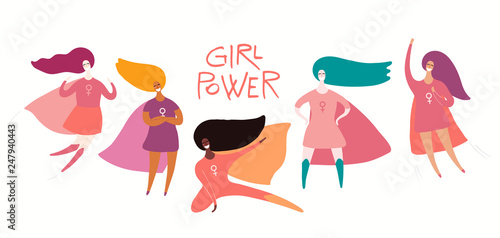 Womens day card, poster, banner, with quote and superhero women. Isolated objects on white background. Hand drawn vector illustration. Flat style design. Concept, element for feminism, girl power.