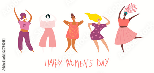 Happy womens day card, poster, banner, with quote and diverse women. Isolated objects on white background. Hand drawn vector illustration. Flat style design. Concept, element for feminism, girl power.