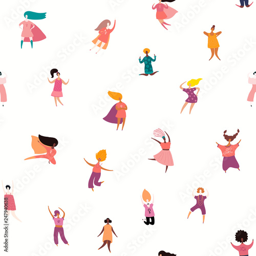Hand drawn seamless pattern with diverse women. Vector illustration. Flat style design. Concept, element for feminism, womens day card, poster, banner, textile print, wallpaper, packaging background